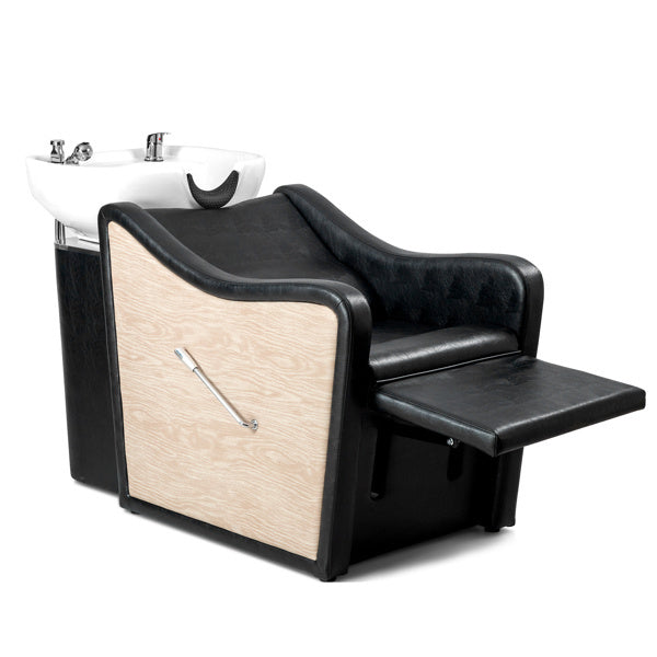 PVC leather ceramic white basin stainless steel base semi reclining double leg adjustable hair washing chair wood grain color